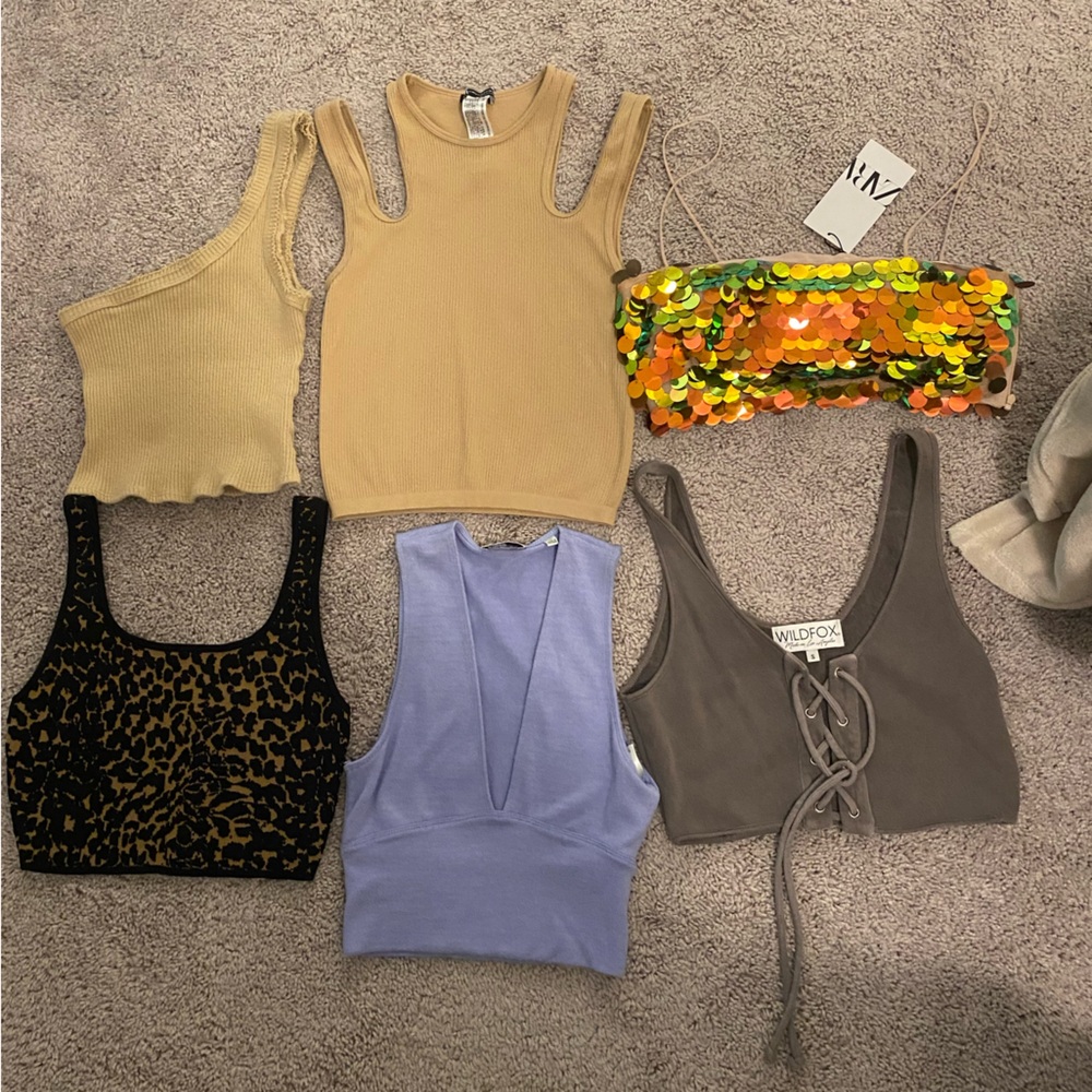 Six crop tops - Free People, Zara, Aritzia, Wildfox, Urban